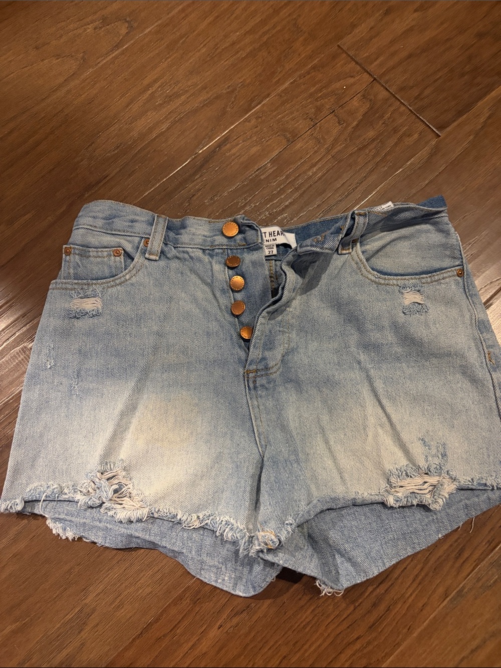 Velvet Heart Light Blue Distressed Denim Button-Front Shorts